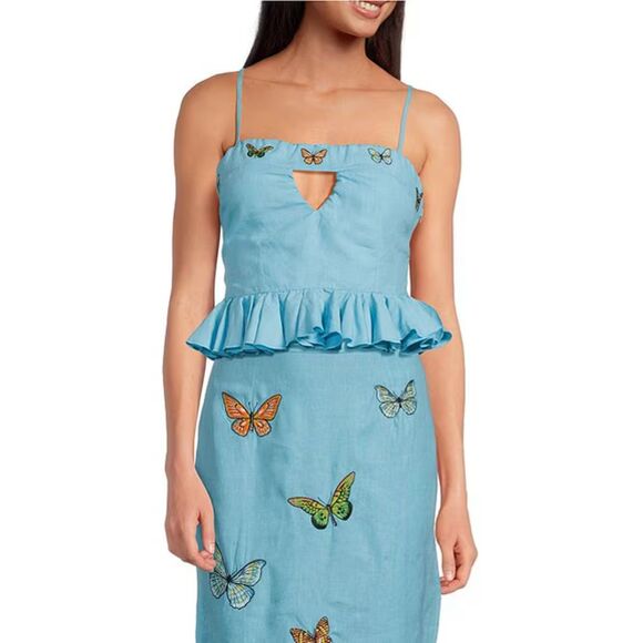 Fanm Mon NWT Marion top - Aqua Blue Butterfly Embroidered cropped tank - M - Picture 1 of 4